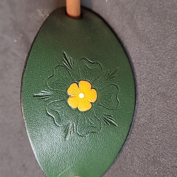 Green, Brown, And Orange Floral Leather Stick Barrette Pin - Picture 2 of 3